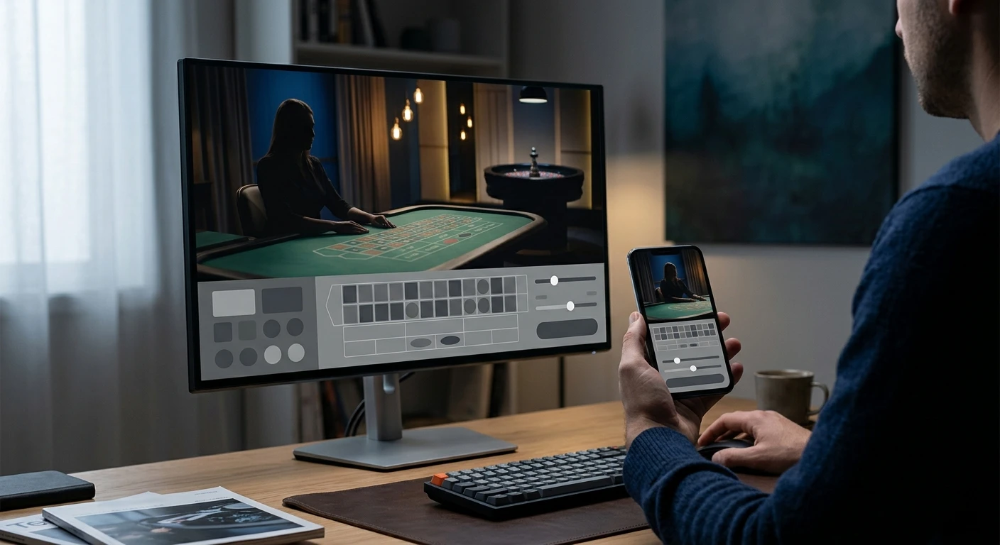 Generic live dealer casino studio shown across desktop and mobile screens without real branding