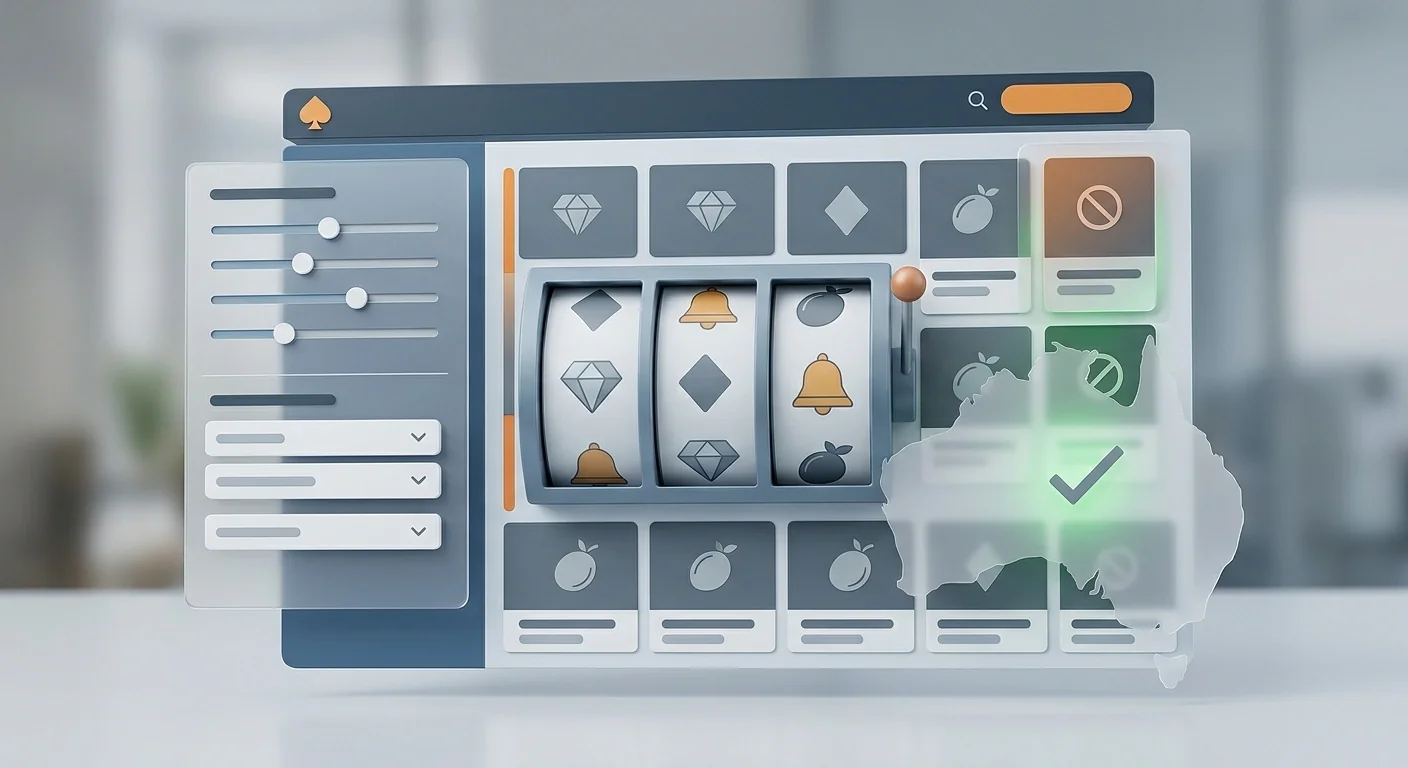 Editorial illustration of generic pokies reels and provider filtering with an Australia availability check symbol
