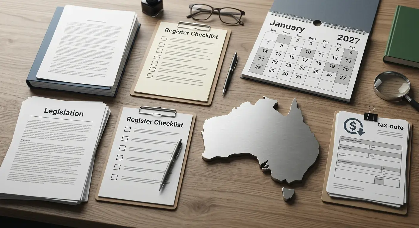 Editorial illustration of Australian gambling law, a regulator register, a 2027 calendar and a tax note