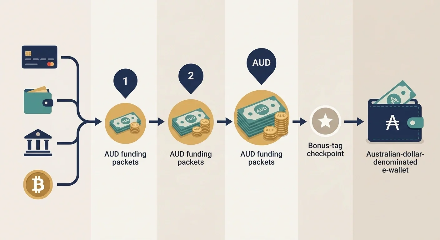Conceptual Golden Star deposit flow comparing A$30, A$45 and A$60 thresholds with a bonus-code checkpoint
