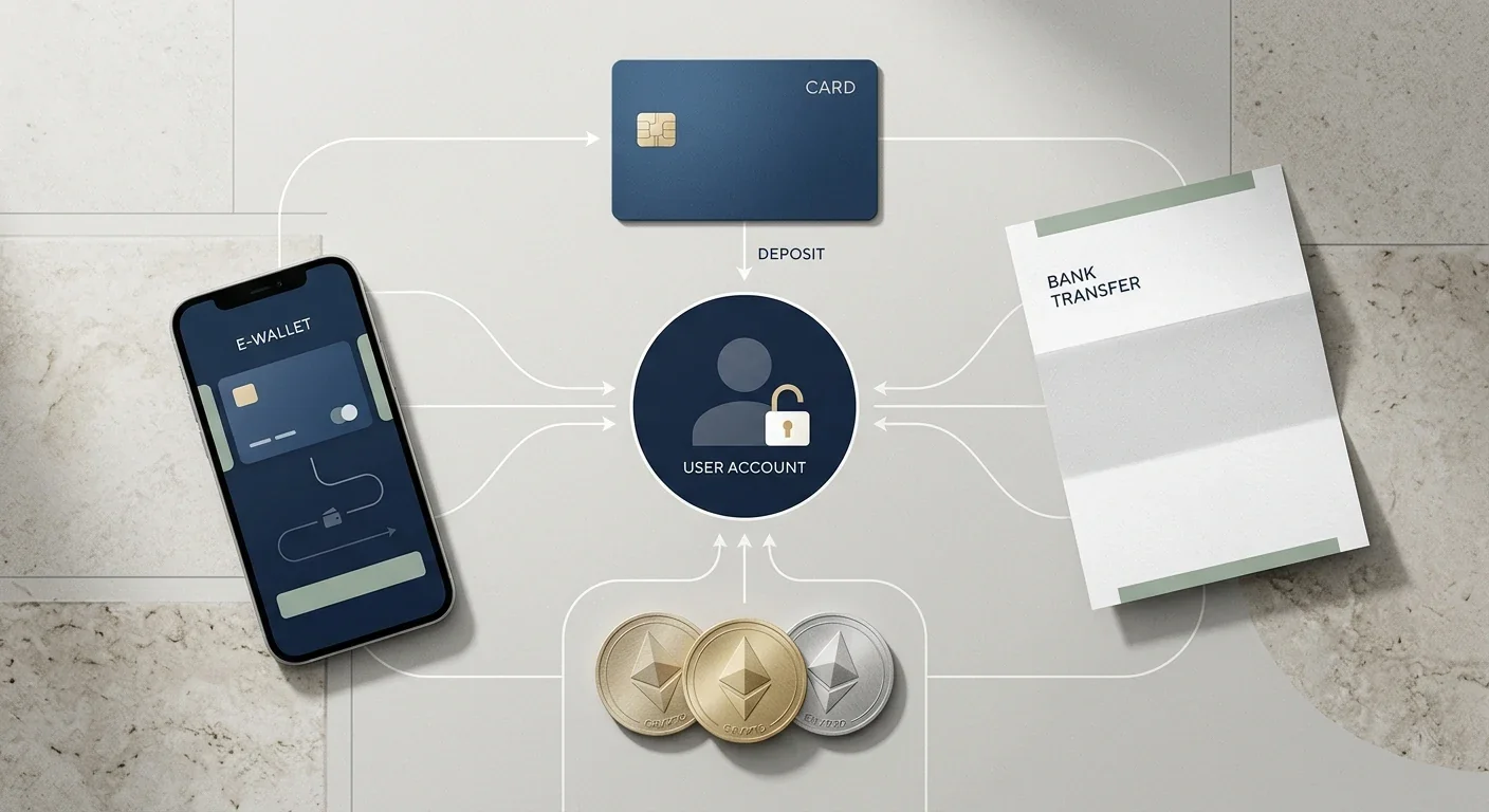 Editorial illustration of casino payments using cards, wallets, bank transfer and crypto categories