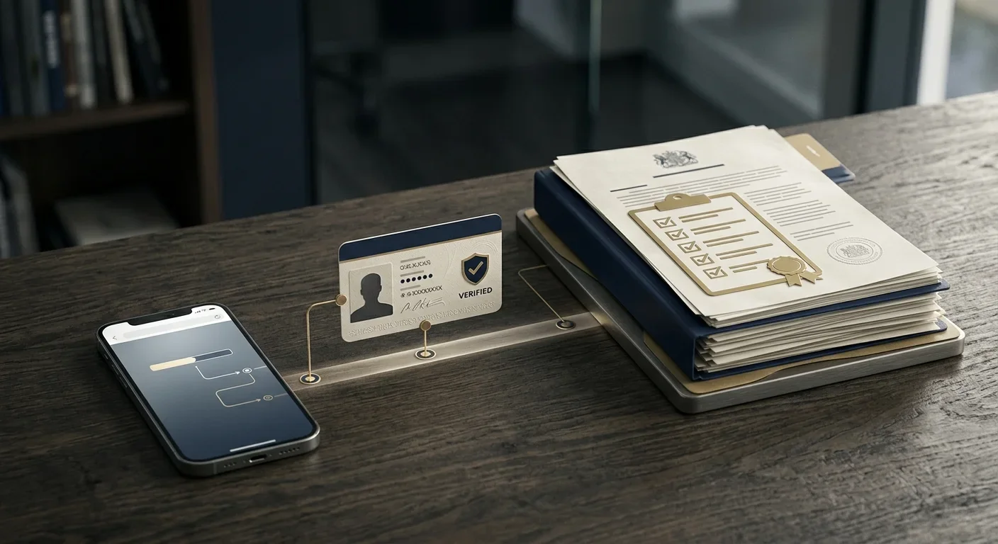 Editorial illustration showing a mobile device, identity verification and a regulatory checklist